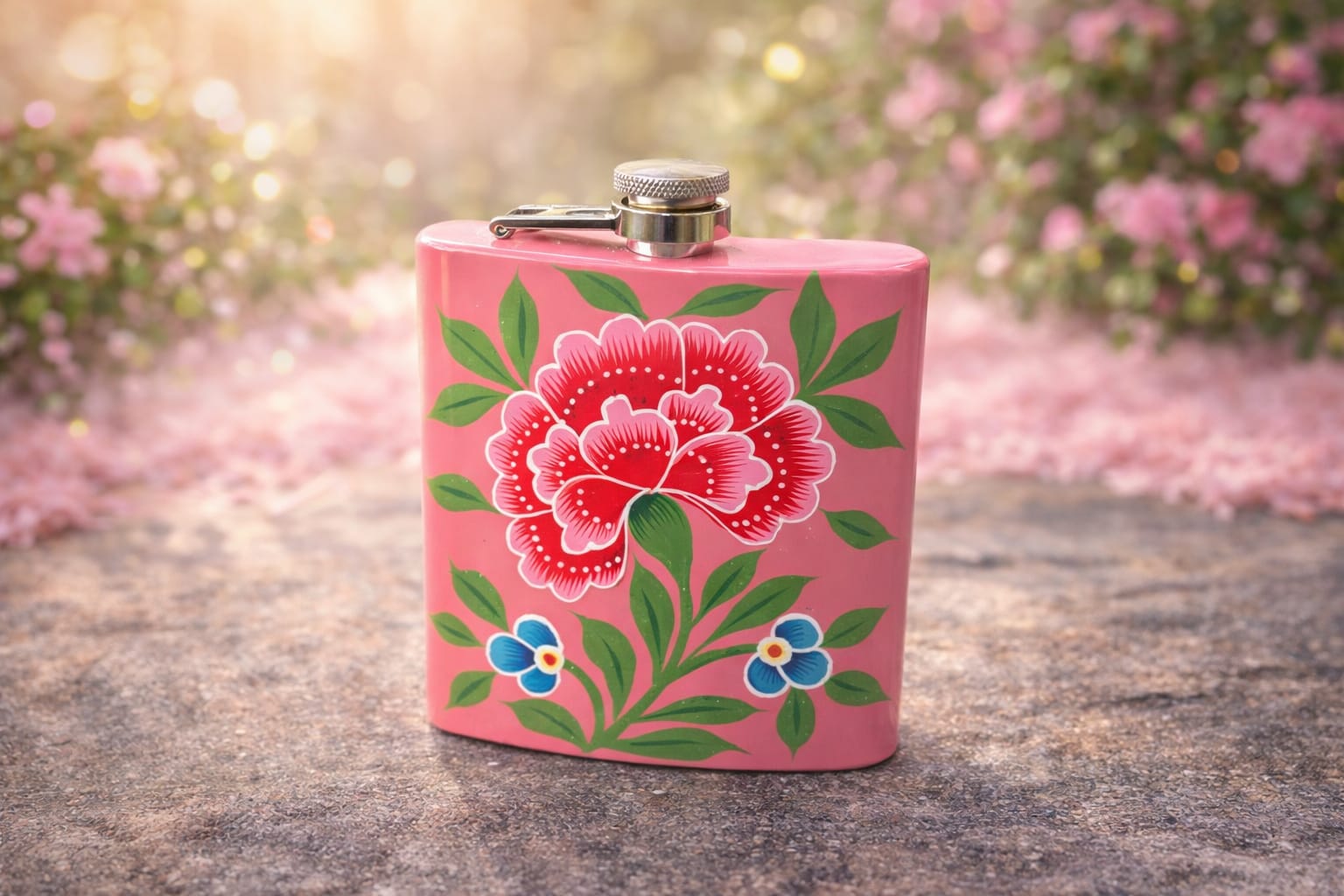 Stainless Steel Hip Flask, Hand Painted Hip Flask, Spring Meadow Stainless Steel Hip Flask,Metal Hip Flask, Alcohol Flask,boho hip flask